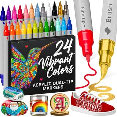 Artistro 24 Acrylstifte – Dual Tip (Pinsel & Fein) Marker für Stoff, Leinwand, Stein, Glas, Holz – Osterdekoration & DIY – Geschenk für Kinder und Jugendliche – Kunstset