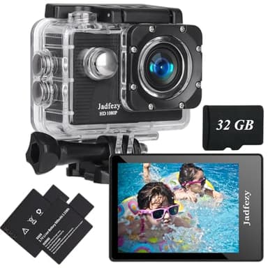 Jadfezy Action Cam FHD 1080P mit 32GB Karte, Unterwasserkamera wasserdicht bis 30M, 140 Grad Weitwinkel Action Kamera mit Zwei 900 mAh wiederaufladbare Akkus und Zubehör-Set（32GB）
