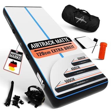 AthleticPro Airtrack Matte [3m/4m/5m Lang] - 120cm Extra Breit - 10/20cm Höhe - Aufblasbare Turnmatte für Bodenturnen & Akrobatik inkl. elektrischer Pumpe, Reparaturset & Tasche (400 x 120 x 20 cm)