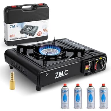 Z.M.C Gaskocher 1-flammig inkl. Adapter für LPG + Aufbewahrungskoffer + 4 Gaskartuschen 227g, Campingkocher für Outdoor und Innenraum, Campinggaskocher 2,2 kW mit Piezozündung