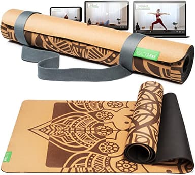 BACKLAXX ® Yogamatte Kork mit Naturkautschuk - FAZ Testsieger 02/2026 - Yoga Matte nachhaltig, schadstofffrei, Yogamatte rutschfest, Fitnessmatte mit Anti-Rutsch-Zonen inkl. Tragegurt, Turnmatte