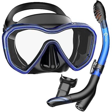 Dorlle Schnorchelset, Neu Verbesserte Panorama Schnorchelmaske, wasserdichte Tauchmaske Anti-Fog Anti-Leck aus Gehärtetem Glas, mit 3-Kanal Premium Dry Schnorchel für Erwachsene, Blau