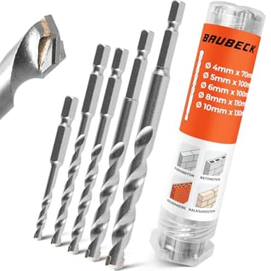 BAUBECK HEX Steinbohrer Set für Akkuschrauber [5tlg Ø4-10mm] - Premium Stahl 40CR, langlebig - Beton Bohrer Set mit Sechskantschaft Betonbohrer Stein sechskant Bohrerset Bohrer Stein