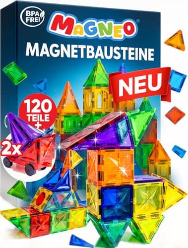 Magneo® Magnetische Bausteine (120 teilig inkl. 2 Autos) - Magnetbausteine für Kinder ab 3 Jahren - Pädagogisches Magnetspielzeug - Kreatives Magnet Spiel mit starken Magneten - Ostergeschenk Idee