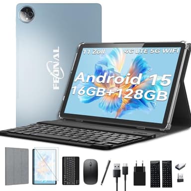FEONAL Android 15 Tablet 11 Zoll, Tablet mit Tastatur Maus, 5G WiFi Tablett PC Mit 16GB+128GB(1TBTF), 4G LTE Tablets Mit 2 SIM 1 SD Slot-Octa-core, 1080FHD, 13+8MP,7000mAh, Type-C/GPS/OTG-Blau