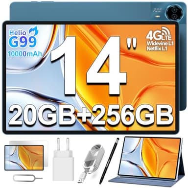 TECLAST T70 Tablet 14 Zoll Top Gaming Tablets Großes Display, Helio G99 2.2GHz Octa-Core, 20GB RAM+256GB ROM(8TB TF), 10000mAh/18W, Dual SIM 4G LTE, Widevine L1/GPS/13MP/Android Tablet mit Hülle+Stift