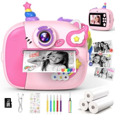 Wootoyz Sofortbildkamera, Einhorn Geschenk für Mädchen Kinderkamera Mädchen 4 5 6 7 8 Jahre Spielzeug ab 3-12 Jahr Einhorn Spielzeug ab 5 6 7 8 Jahre Sofortbildkamera Kinder 32G Karte Rosa