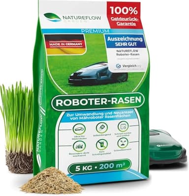 Rasensamen schnellkeimend 5kg – Mähroboter Rasensamen TEST SEHR GUT – Nachsaat Grassamen Made in Germany – Roboter Rasensaat schnellkeimend mit Natureflow