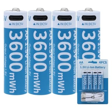 Tosiicop AA Akku Lithium Wiederaufladbare - 1.5V 3600mWh USB Batterien mit 4-in-1 USB-C Ladekabel Aufladbare Batterie 1 Stunden Schnellladung 1500 Zyklus 4 Stück (4 Stück AA 3600mWh)