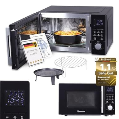 Sommertal 4in1 Mikrowelle 25L – Grill, Heißluft-Fritteuse, Konvektion, 2200W, 8 Programme, Touch-Display, 60 Min Timer, Schwarz, Kindersicherung, Express-Start – inkl. Rost & Crisp-Pfanne
