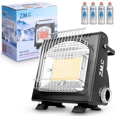 Z.M.C 2-in-1 Tragbare Gasheizung und Gaskocher + 4 Gaskartuschen 227g, Keramik Camping Heizung 1,7 kW, Gasheizer für Outdoor und Terrassen, Garten & Balkon, mobile Heizstrahler mit Piezozündung