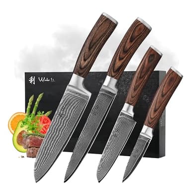 Wakoli EDIB 4-teiliges Küchenmesser Set aus Damaststahl (VG10 Kern) in edler Geschenkbox – Scharfes Damastmesser Set mit Pakkaholzgriffen – Messerset mit 2x Santoku, Fleischmesser & Officemesser