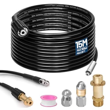 Rohrreinigungsschlauch 15m, mit M22 Adapter, Düsen starr + rotierend, 180bar 60°C Rohrreinigungsset Geeignet für Kränzle Kärcher K2-K7, Hochdruckreiniger Hochdruckschlauch
