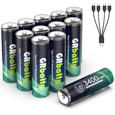 GRbatty USB Wiederaufladbare AA Lithium Akkus 12 Stück, 1,5V USB C Wiederaufladbare Batterien AA 3400mWh, mit 4-in-1 Ladekabel, 1 Stunde Schnelles Aufladen