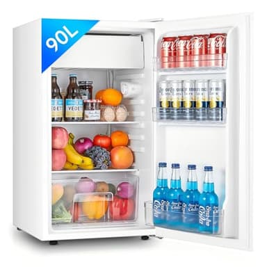 FOHERE Kühlschrank mit Gefrierfach 90L | Kühlschrank Klein mit Obst- und Gemüsefach | 7 Einstellbare Temperaturregelung | 84kWh/Jahr | Türanschlag wechselbar | Verstellbare Füße | Weiß