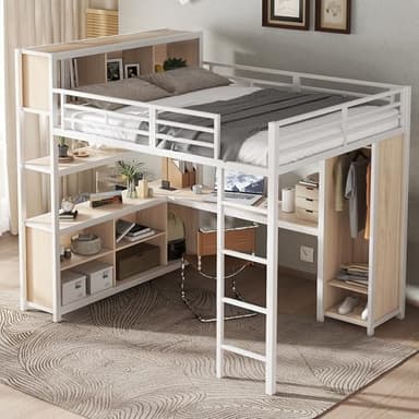 Oslghy Etagenbett Kinderbett 140x200 cm, Eisenbett Hochbett mit Stauraum Schreibtisch, Einzelbett Metallbett Bett mit Kleiderschrank, Leiter und Lattenrost aus Metallrahmen, ohne Matratze (Weiß+Natur)