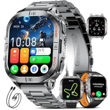 GPS Smartwatch Herren Militär mit 2.13" AMOLED/LED Taschenlampen, 5ATM Wasserdicht Fitnessuhr,600mAh Akku Kompass Smartwatch mit Telefonfunktion, 110 Sportmodi, Pulsmesser/Schlafmonitor/Android/iOS