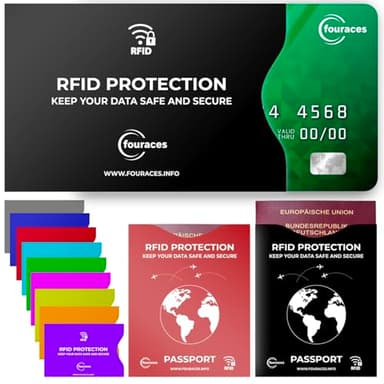 fouraces 12er Set RFID Blocker Schutzhülle - 10x Kreditkartenhülle, 2X Reisepasshülle, Pappe, Block gegen Datenklau, NFC Schutzhüllen, Hüllen für Kreditkarten, Bankkarten und EC Karte, Kartenhülle