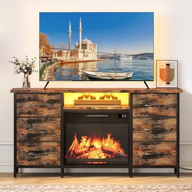 YITAHOME Elektrokamin mit Heizung, TV Schrank mit Kamin, Lowboard mit Elektrokamin 6 Schubladen, Kamin Elektrisch mit LED 3D-Flammeneffekt, Multifunktionaler Schubladenschrank mit LED-Streifen