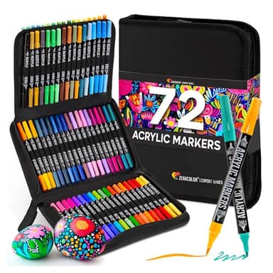Zenacolor 72 Acrylstifte für Steine Wasserfest - mit Doppelspitze (feine Spitze und Pinsel) zum Zeichnen verschiedene Oberflächen - Acrylic Paint Marker mit einer Tasche