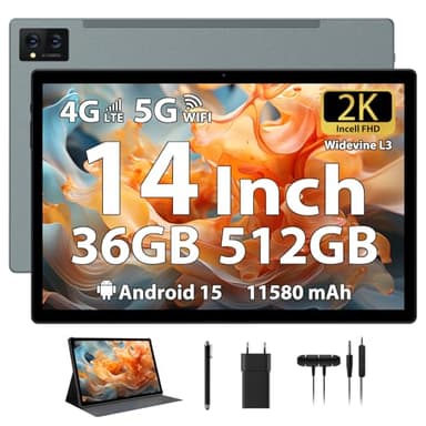 LEVIRTU Android 15 Tablet 14 Zoll 2K FHD, 36GB RAM + 512GB ROM (bis 2TB), Octa-Core, 11580mAh Akku, 4 Lautsprecher, 13MP Kamera, Dual SIM 4G LTE/5G WiFi GPS, Metallgehäuse, Eingabestift, Grau