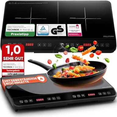 Stillstern Doppel-Induktionskochfeld | Induktionskochplatte [3600W] 2 Platten Herdplatte mit Lautlos-Funk. & Turbo-Boost, 12-28cm, 18 Temp. & Leistungsstufen, 24h Timer, Induktionsherd 2er Kochplatte