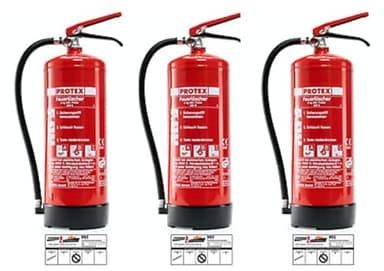 PROTEX – 3 Pulver-Feuerlöscher – Protex Pulverfeuerlöscher – 6 kg - für die Brandklassen ABC – Zertifiziert nach DIN EN 3 und CE – je 9,5 kg – mit praktischer Halterung – mit Prüfplakette - Made in EU