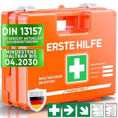WERKSTEIN® Erste Hilfe Kasten [DIN 13157:2021] inkl. Wandhalterung, 5x Aufkleber & Plombe - Verbandskasten Betrieb - Erste Hilfe Koffer für Betrieb, Büro & Zuhause - Erste Hilfe Set - Sanitätskasten