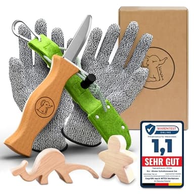 Eli® Schnitzmesser Kinder mit Filztasche ab 6 Jahre - hochwertiges Kindermesser Schnitzset inkl. schnittfeste Handschuhe - Kinderschnitzmesser - Schnitzwerkzeug - Outdoor Messer - grün