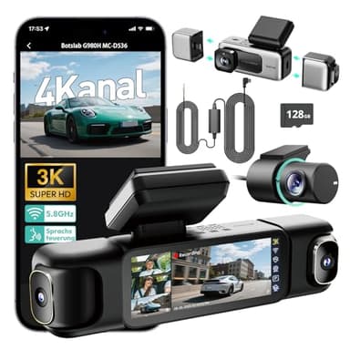 BOTSLAB Dashcam Auto 4 Kanal mit Parküberwachung, 360° Dashcam mit GPS, 5.8GHz WiFi,3.18" IPS-Bildschirm,Super Nachtsicht,WDR, G-Sensor,Loop-Aufnahme, inkl. 128GB SD-Karte