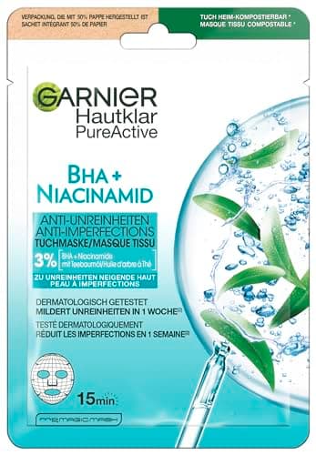 Garnier Tuchmaske, Gesichtsmaske für fettige Haut, Anti-Unreinheiten, Formel mit Teebaumöl und Salizylsäure, Hautklar Aktiv, 23 g