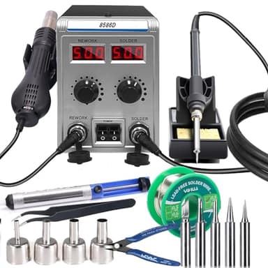 8586D 2 IN 1 Heißluft Lötstation & Lötkolben, Heißluft-Nachbesserungsstation Lötstation, Entlötstation Lötkolben station mit USB-Ladeanschluss, Temperatur einstellbar 100~500°C, für Elektronik,