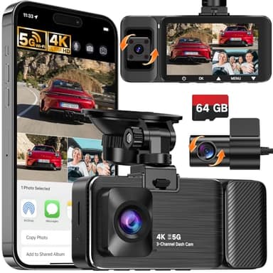 Wecool 3 Kanal Dashcam Auto, Vorne Hinten Innen 4K+1080P+1080P Dash Cam, 470°-Weitwinkel-Rundumschutz, 5GHz WiFi Übertragung, 64GB SD-Karte, Nachtsicht, G-Sensor, Loop-Aufnahme, 24H Parküberwachung