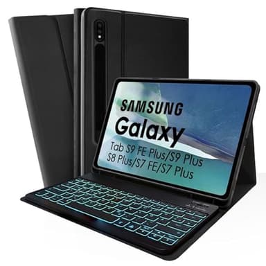 SOPPY Hülle mit Tastatur für 12,4'' Samsung Galaxy Tab S10+/S9 FE+/S9 Plus/S8+/S7+/S7 FE, Kabellose 7-Farbige Beleuchtung Tastaturhülle Schutzhülle Bluetooth Tastatur Hülle-Deutsches QWERTZ, Schwarz