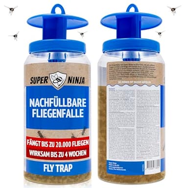 Super Ninja Fliegenfalle Draußen – Wiederverwendbare Fliegenfänger mit nachfüllbarem, Nicht-giftigem Lockstoff, Fängt bis zu 20.000 Fliegen, 4 Wochen Schutz, Mit wasserlöslichem Beutel