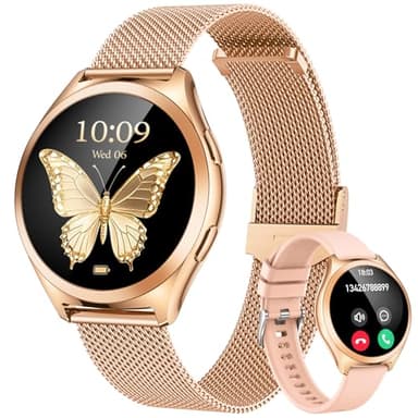 Gold Smartwatch Damen Armbanduhr Rund: Smart Watch Damen Metallarmband mit Telefonfunktion Schrittzähler Schlafmonitor Herzfrequenz Blutdruck Wasserdicht 1,27" Klein Duenn Touchscreen Sport Fitnessuhr