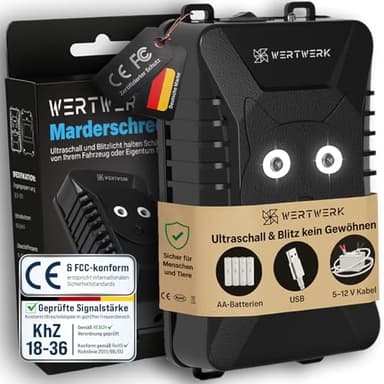 WERTWERK® Marderschreck Auto Batteriebetrieben - Marderschreck Ultraschall & Lichtblitz, Marderabwehr Auto Motorraum, Dachboden, Garage & Haus, flexibel nutzbar mit Netzteil oder AA-Batterien