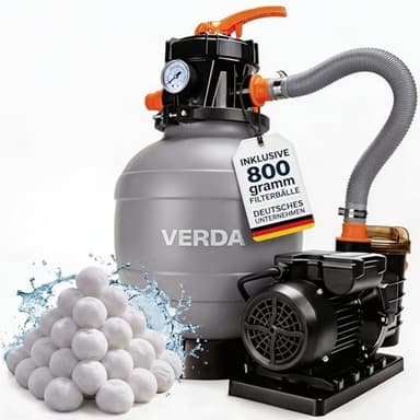VERDA Sandfilteranlage für Pools bis 30.000 l, 10.000 l/h, 400 W Sandfilterpumpe mit 800 g Filterbällen, 10 m Förderhöhe, 38 mm Anschluss. SN5882