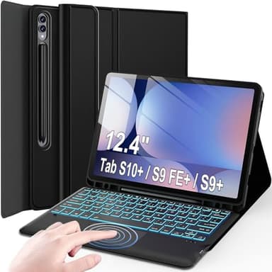 Wineecy Tastatur Hülle für Samsung Galaxy Tab S9 FE+/S10+/S9+ Plus 12,4 Zoll, Bluetooth Deutsches QWERTZ Tastatur mit Touchpad, 7 Farbige Beleuchtung, Slim Tablet Schutzhülle mit S Pen Halter