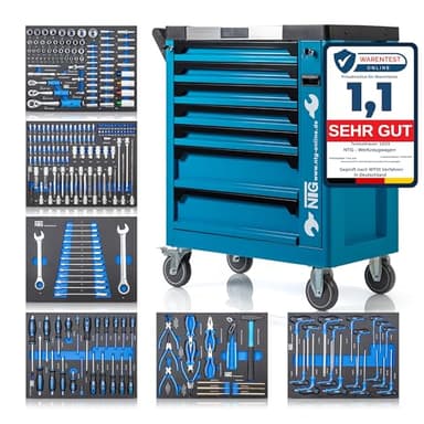 NTG WERKZEUGWAGEN GEFÜLLT MIT Werkzeug – Abschließbarer Werkstattwagen mit 7 Schubladen – 252-teilig, Davon 6 bestückt – Soft Inlays in Carbonoptik – Robuster Werkzeugkasten & Werkzeugkiste