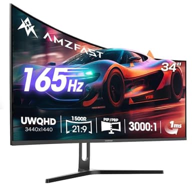 Amzfast 34 Zoll Curved Gaming Monitor - 165Hz(DP), 21:9 UltraWide QHD(3440x1440), 1 ms GtG, sRGB 130%, DCI-P3 95%, HDR, Adaptive Sync, Eyes-Care, VESA 75x75, HDMI 2.0*2/DP 1.4*2, PIP/PBP - AMZG34C5Q