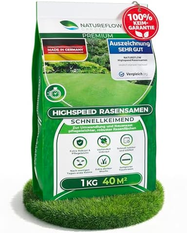 Rasensamen schnellkeimend Frühjahr 1kg – TEST SEHR GUT – Grassamen schnellkeimend Rasen Nachsaat Made in Germany – Rasensaat 40qm - Rasensamen Frühjahr Samen von Natureflow