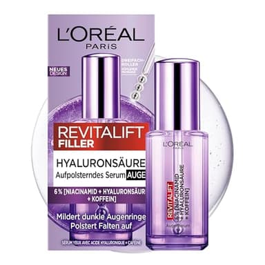 L'Oréal Paris Augenserum für Frauen: sorgt für eine aufgepolsterte Augenpartie und weniger dunkle Augenringemit 2,5% [Hyaluronsäure+Koffein], Revitalift Filler, 1x 20ml