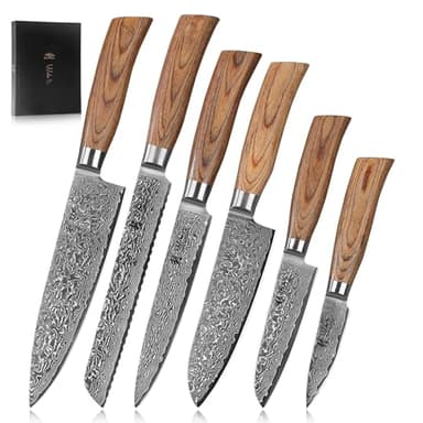 Wakoli EDIB Pro 6-teiliges Küchenmesser Set aus Damaststahl (VG10 Kern) in Holzbox – Scharfes Damastmesser Set mit Pakkaholzgriffen – Messerset mit Kochmesser, Brot, Santoku, Office & Fleischmesser