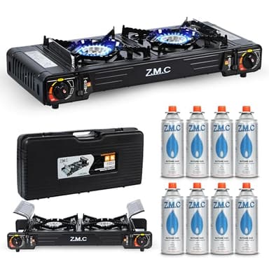 Z.M.C PREMIUM Camping Gaskocher 2-flammig + 8 Gaskartuschen 227g, Campingkocher mit Zündsicherung für Outdoor und Innenraum, Balkon Tisch Doppelgaskocher mit Piezozündung