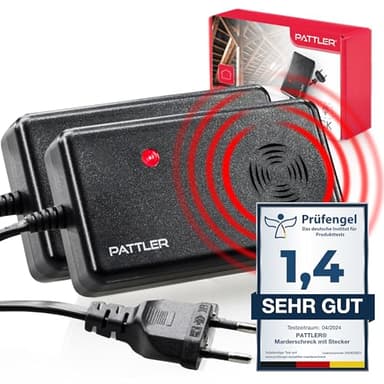 PATTLER ® Marderschreck Auto mit Stecker - für 60m². Marderschreck für Dachboden, Haus, Garten, Garage. Anschluss an Steckdose. Marderabwehr Dachboden mit Ultraschall - 2 Stück