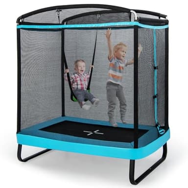 COSTWAY 2 in 1 Kindertrampolin mit Schaukel, Gartentrampolin rechteckig mit Sicherheitsnetz & Randabdeckung, Indoor-/Outdoortrampolin für Kinder bis 100kg Belastbar (Blau)