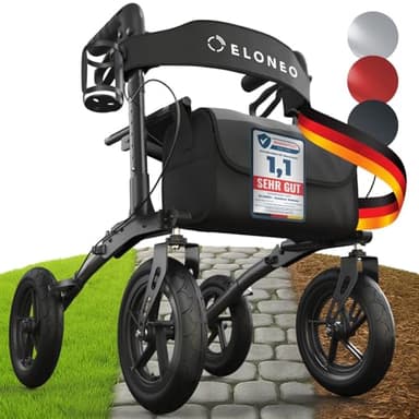 ELONEO Rollator faltbar und leicht mit Sitz, Outdoor Rollator mit Luftbereifung inkl. Sitzfläche, Rückengurt, höhenverstellbare Gehhilfe aus Aluminium inkl. Tasche und Stockhalter Schwarz