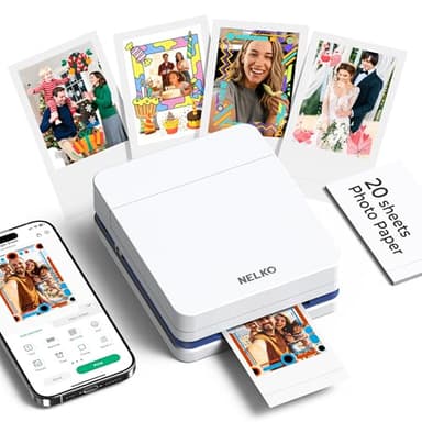Nelko Fotodrucker PP01 Farbe Tragbarer Mini Fotodrucker für Smartphone mit 20 Fotopapier, Tintenstrahl Aufkleber Drucker, Sticky Back Fotos für iOS & Android, Spaß Bearbeiten App, Weiß