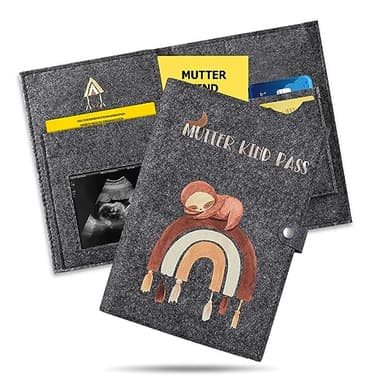 Mutter-Kind-Pass Hülle aus Filz – Regenbogen & Faultier Motiv – Mit Innenfächern für Impfpass, E-Card und Ultraschallbilder – Robuster Schutz, Liebevolles Geschenk für werdende Eltern in Österreich